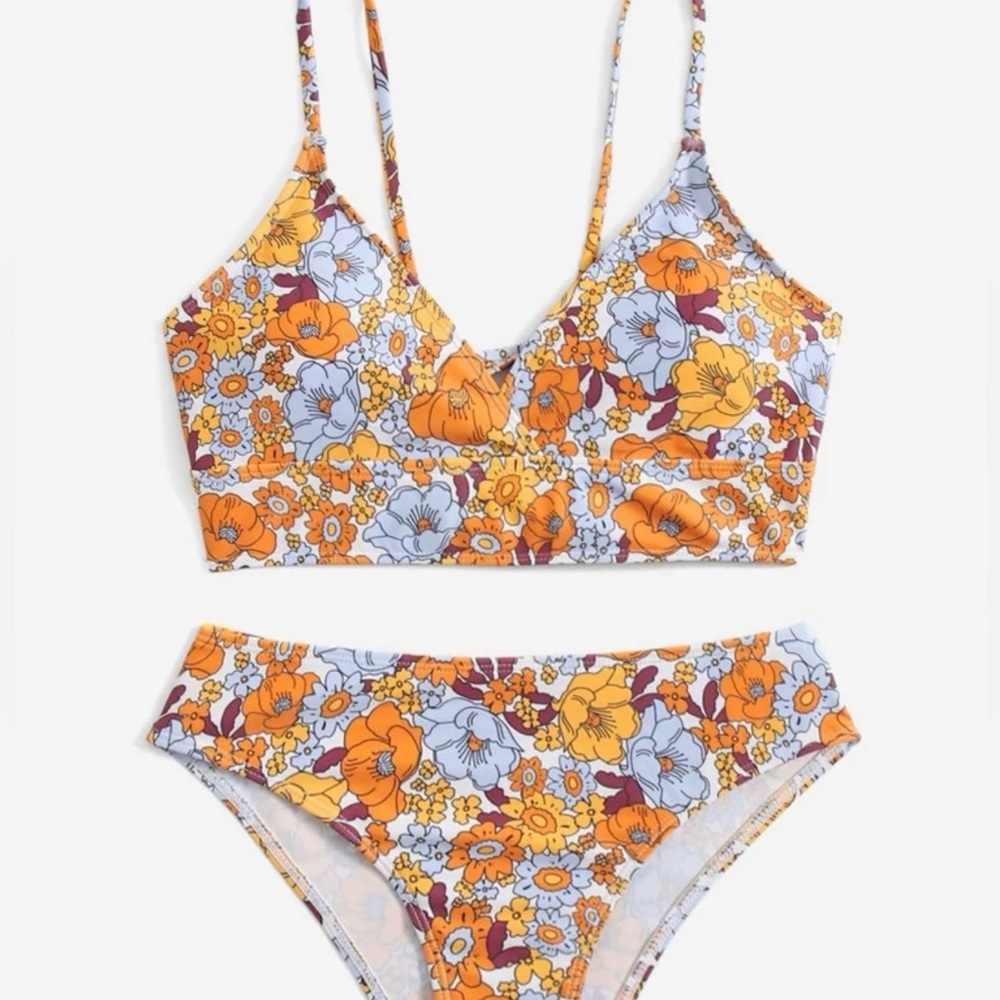 2piece Floral Swimsuit. Multicolor, High Stretch Fabric